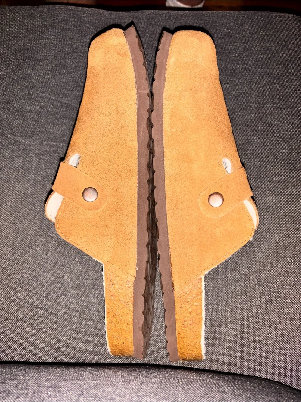 Men's Suede Slip-On Mules in Tan with Snap Accent